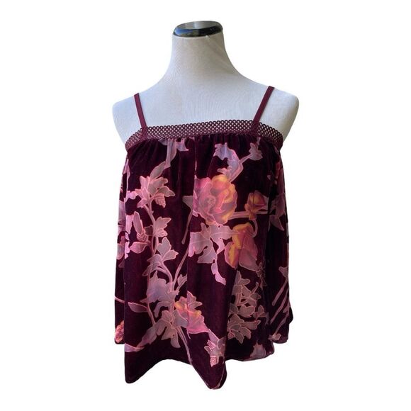 American Rag Floral Velvet Burnout Burgundy Off the Shoulder Size Small Bohemian - Picture 1 of 9